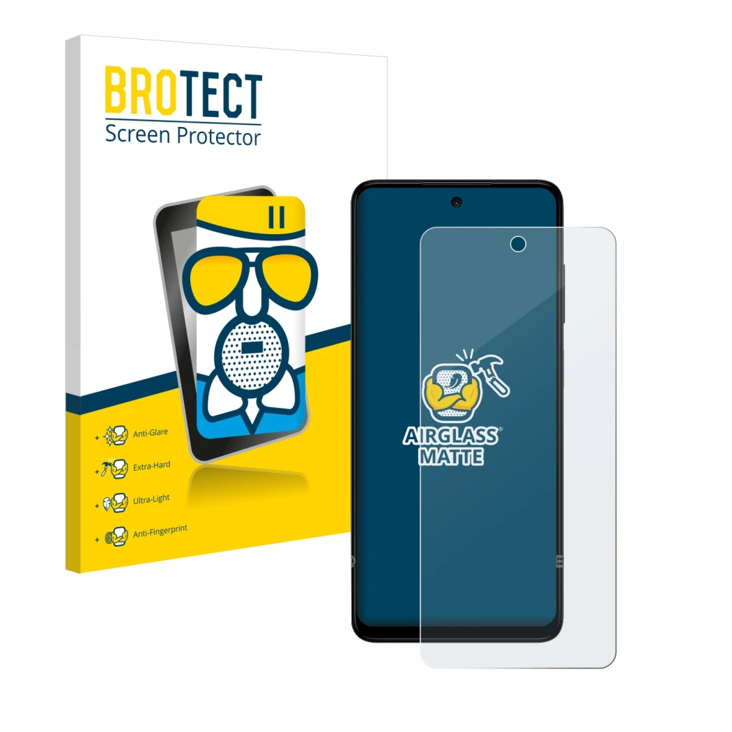 Front side of a product packaging with the brand logo BROTECT. Next to it is the device HMD Pulse Pro shown with the correspon