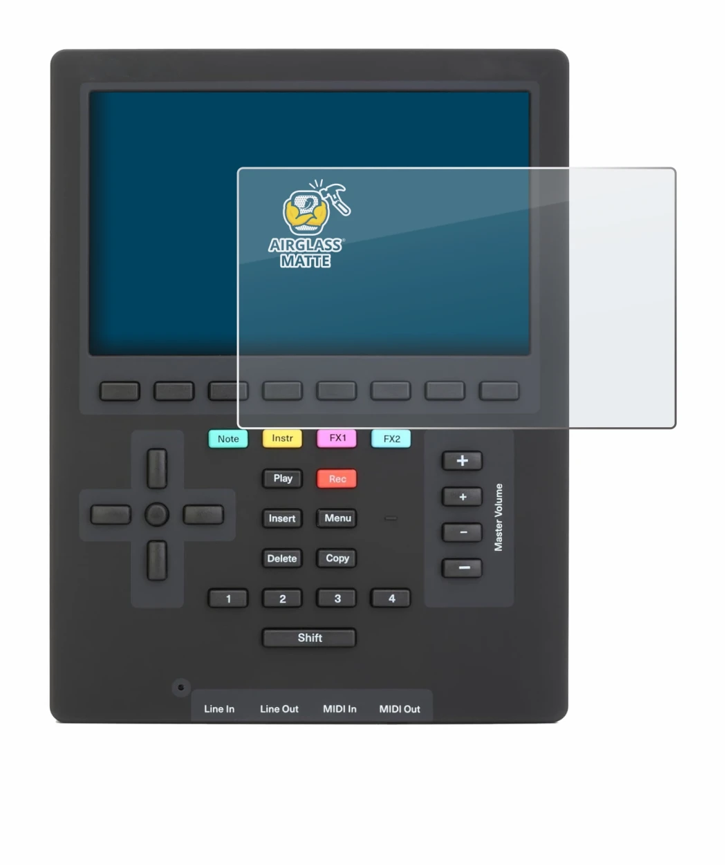 Image of the device Polyend Tracker Mini with a wide variety of screen protectors.