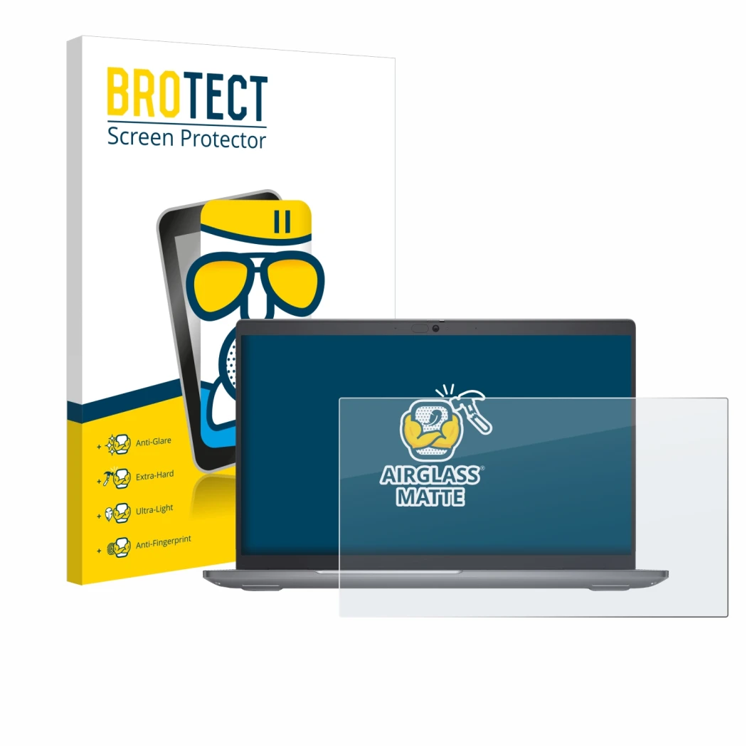 Front side of a product packaging with the brand logo BROTECT. Next to it is the device Dell Latitude 5550 Laptop shown with t