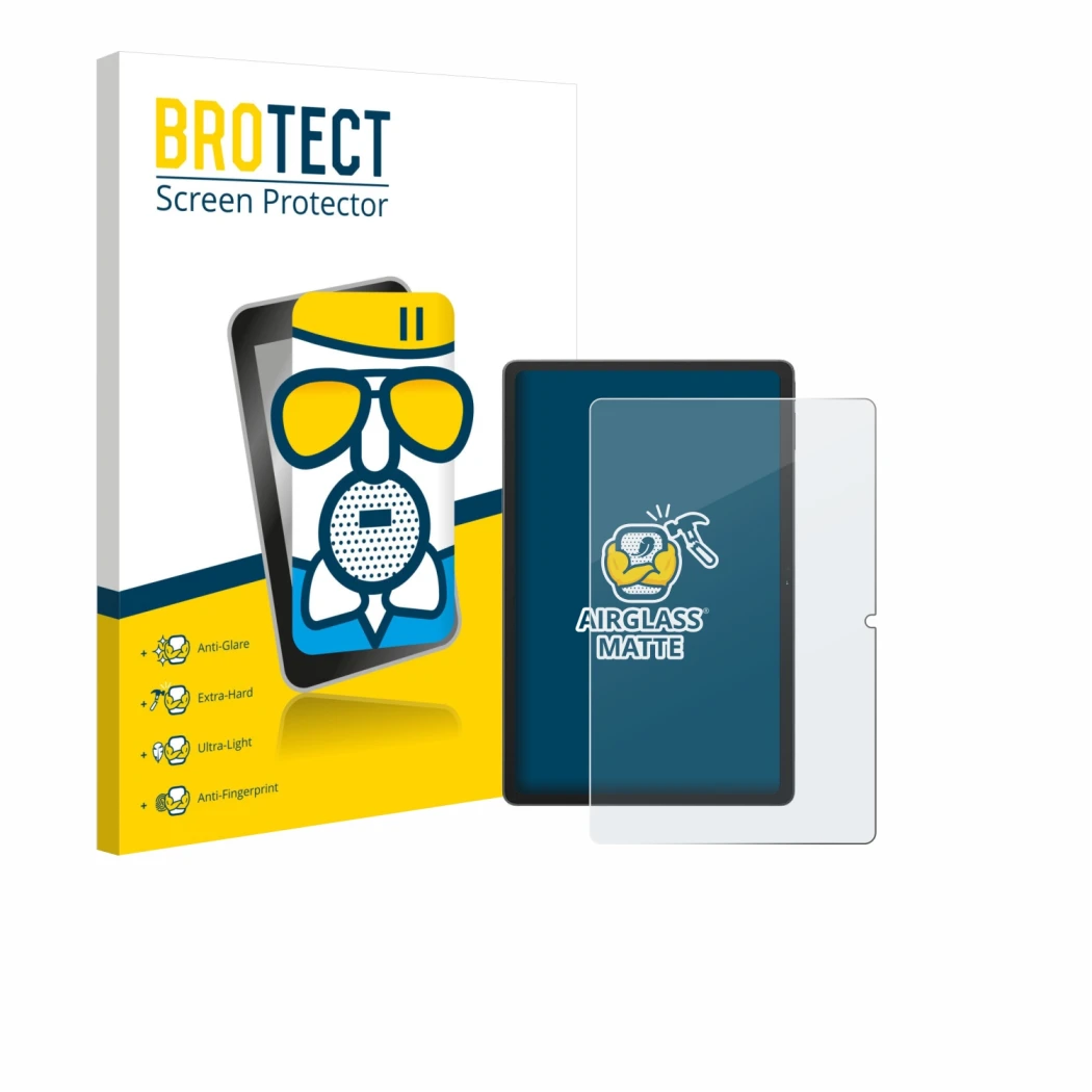 Front side of a product packaging with the brand logo BROTECT. Next to it is the device Blackview Tab 16 Pro shown with the co