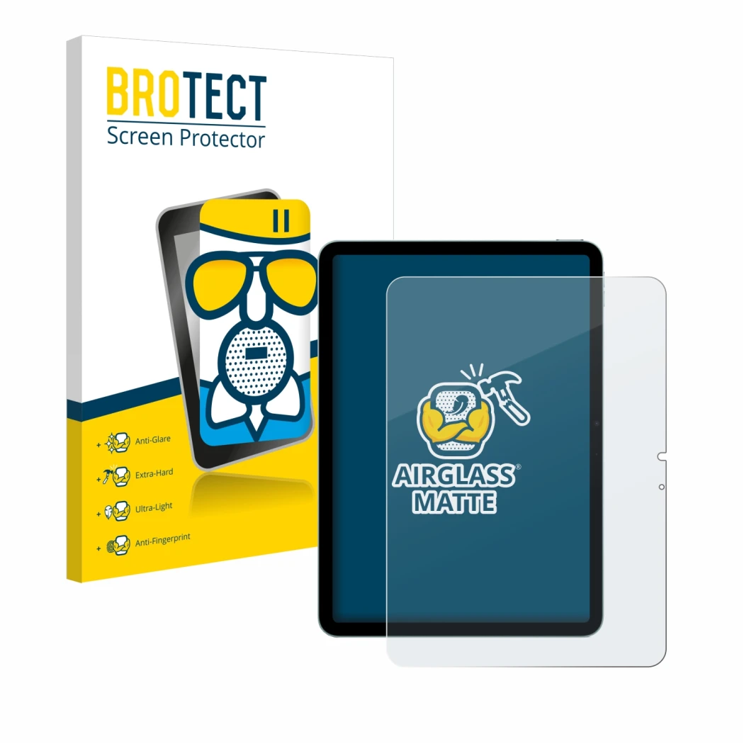 Front side of a product packaging with the brand logo BROTECT. Next to it is the device Apple iPad Air 11