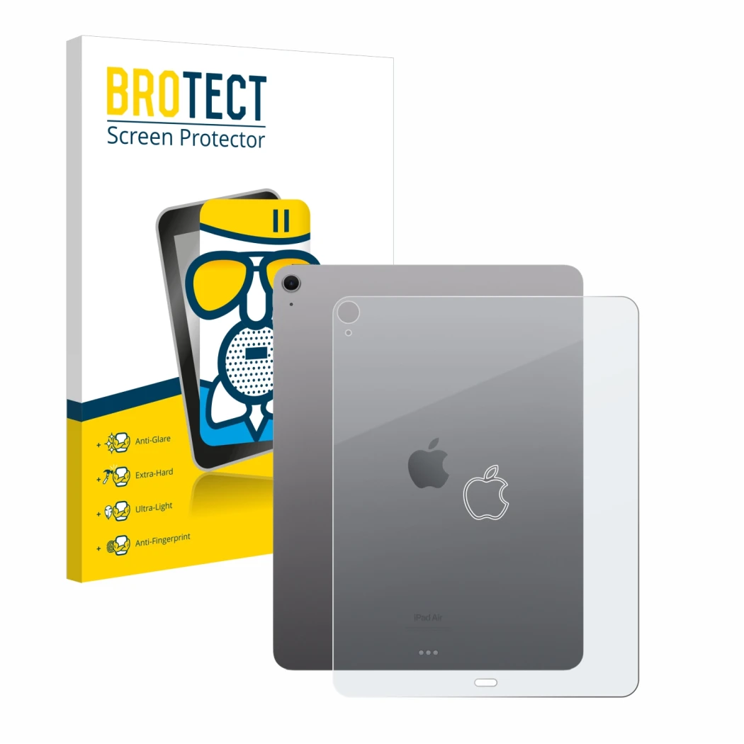 Front side of a product packaging with the brand logo BROTECT. Next to it is the device Apple iPad Air 13