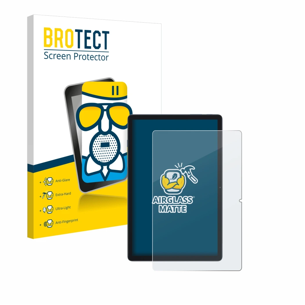 Front side of a product packaging with the brand logo BROTECT. Next to it is the device Blackview Tab 80 shown with the corres