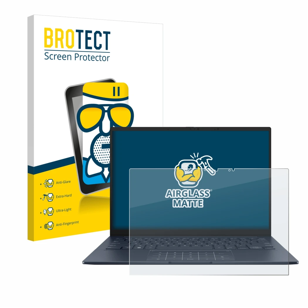 Front side of a product packaging with the brand logo BROTECT. Next to it is the device ASUS ZenBook 14 OLED UX3405 Touch show