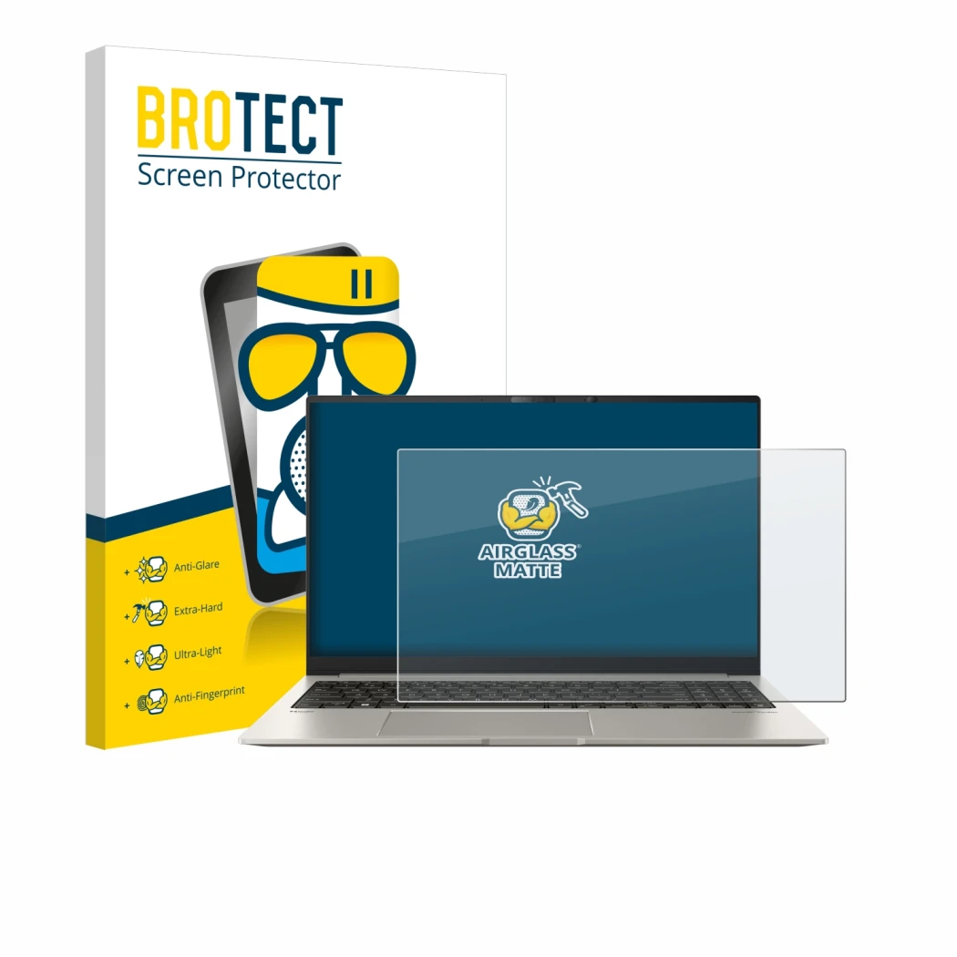 Front side of a product packaging with the brand logo BROTECT. Next to it is the device ASUS ZenBook 15 OLED UM3504 shown with