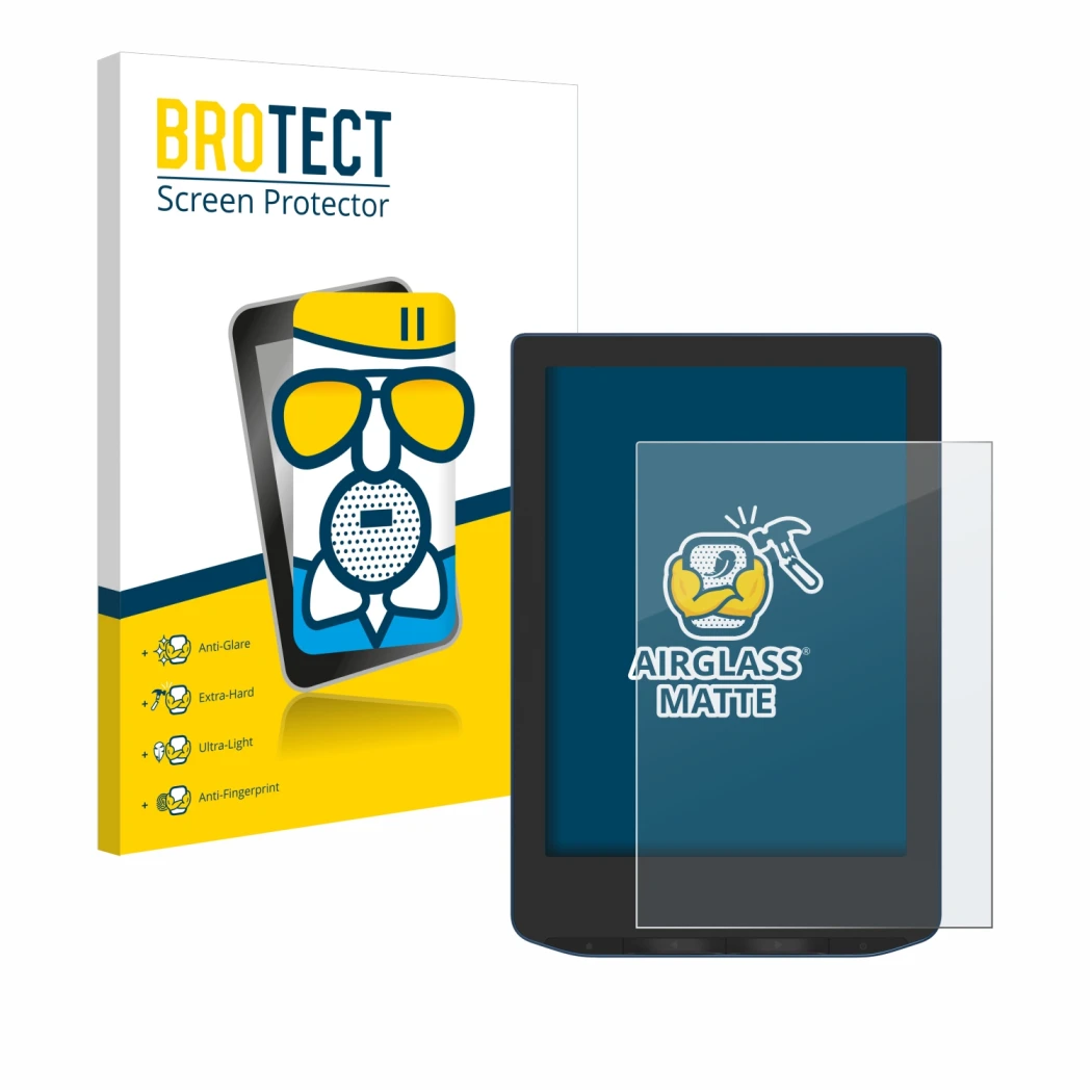Front side of a product packaging with the brand logo BROTECT. Next to it is the device PocketBook Verse Pro Color shown with 