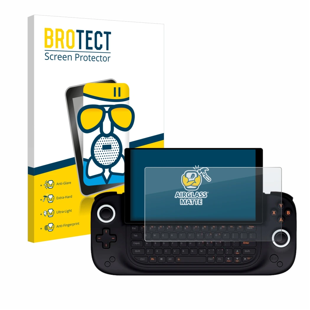 Front side of a product packaging with the brand logo BROTECT. Next to it is the device Ayaneo Slide shown with the correspond