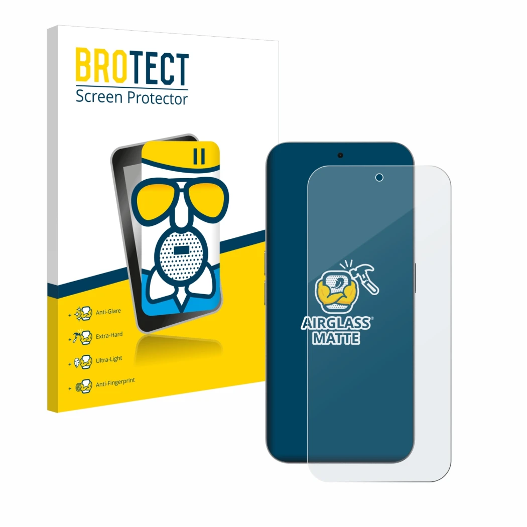 Front side of a product packaging with the brand logo BROTECT. Next to it is the device Nothing Phone (2a) Plus shown with the