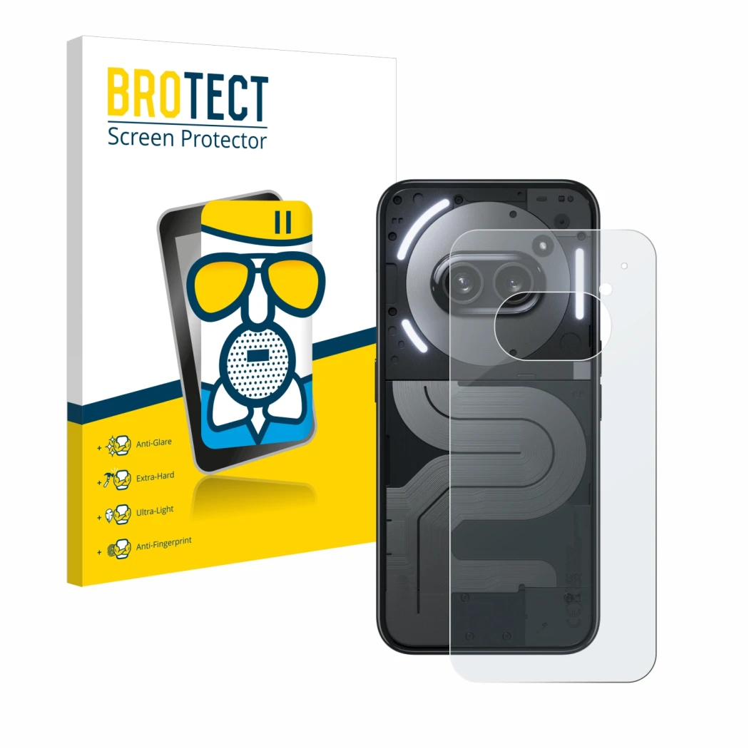 Front side of a product packaging with the brand logo BROTECT. Next to it is the device Nothing Phone (2a) Plus (Back) shown w