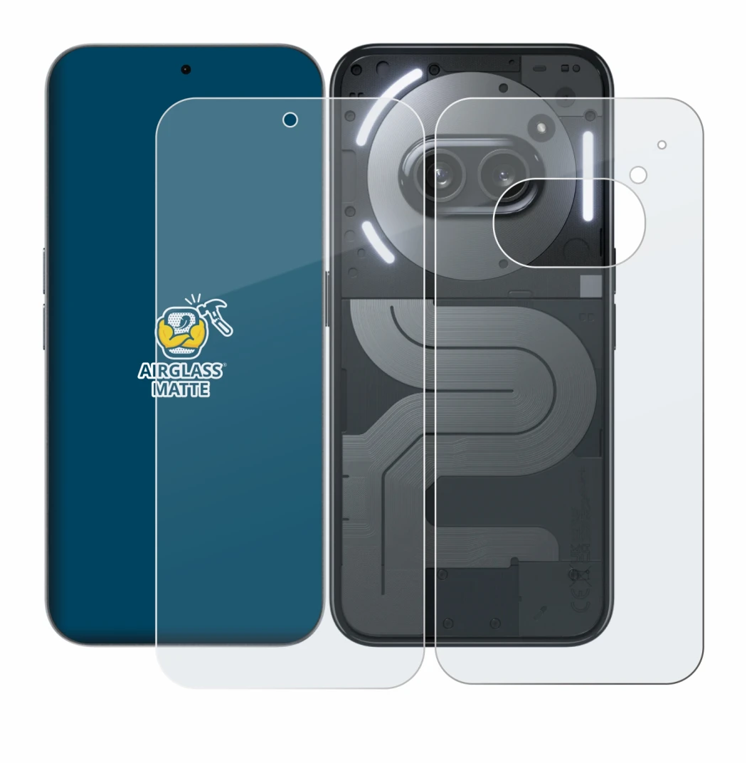 Image of the device Nothing Phone (2a) Plus (Front+Back) with a wide variety of screen protectors.