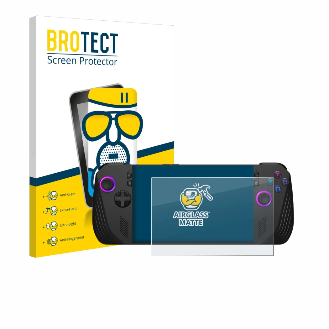 Front side of a product packaging with the brand logo BROTECT. Next to it is the device ASUS ROG Ally X (2024) shown with the 