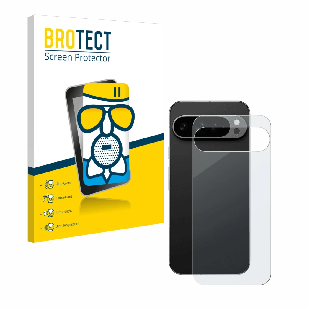 Front side of a product packaging with the brand logo BROTECT. Next to it is the device Google Pixel 9 Pro XL (Back) shown wit