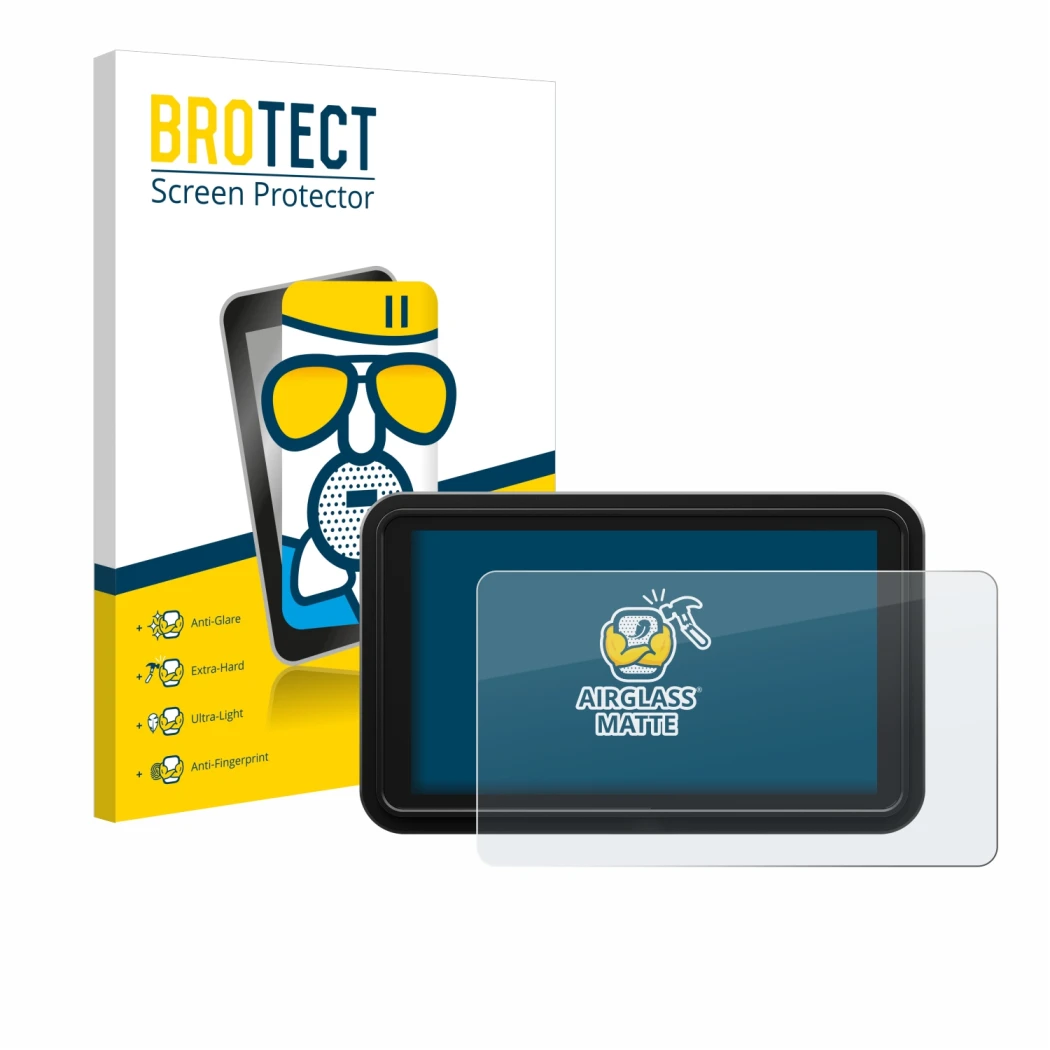 Front side of a product packaging with the brand logo BROTECT. Next to it is the device Atomos Shinobi 2 shown with the corres