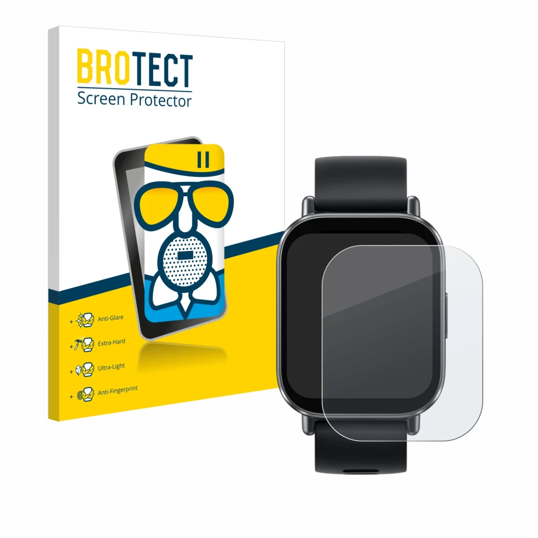 Front side of a product packaging with the brand logo BROTECT. Next to it is the device Xiaomi Redmi Watch 5 Active shown with