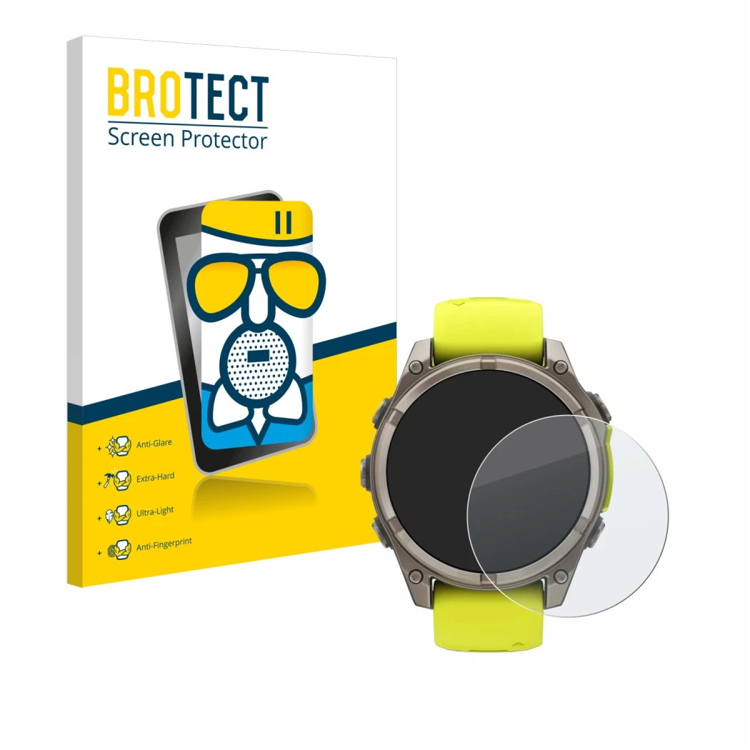 Front side of a product packaging with the brand logo BROTECT. Next to it is the device Garmin Fenix 8 Solar (47 mm) shown wit