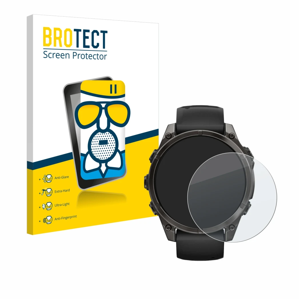 Front side of a product packaging with the brand logo BROTECT. Next to it is the device Garmin Fenix 8 AMOLED (47 mm) shown wi