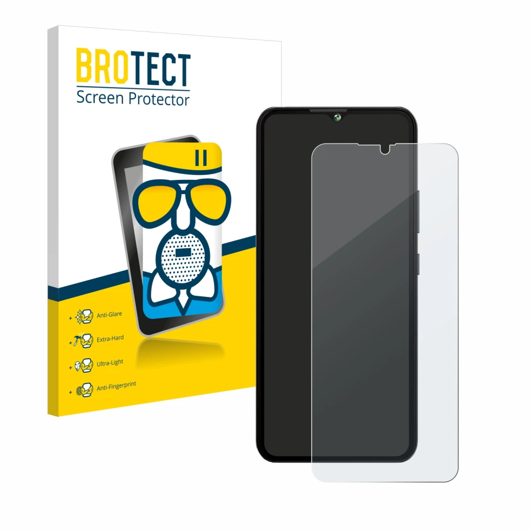 Front side of a product packaging with the brand logo BROTECT. Next to it is the device Cubot A10 shown with the corresponding