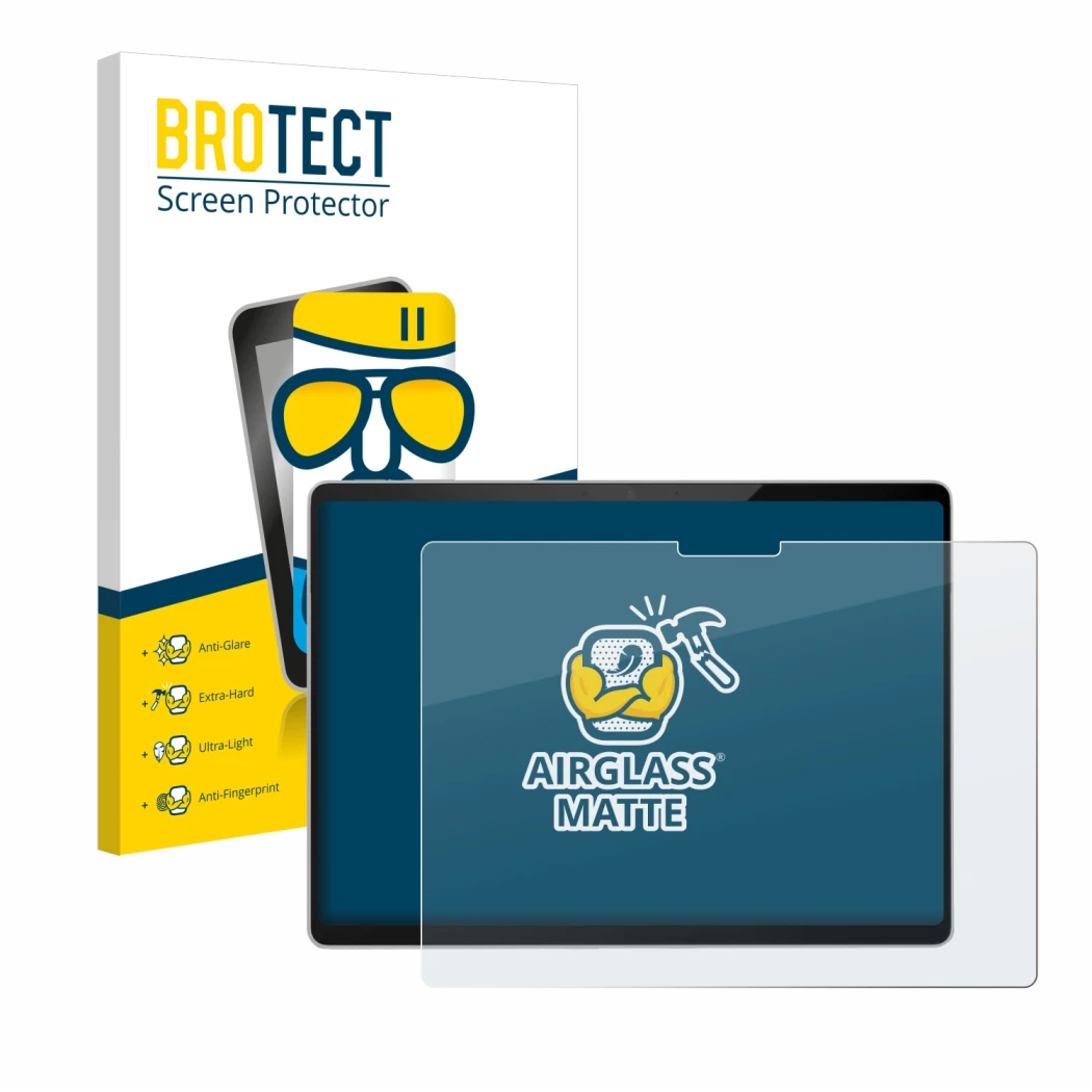 Front side of a product packaging with the brand logo BROTECT. Next to it is the device Microsoft Surface Pro 11 shown with th