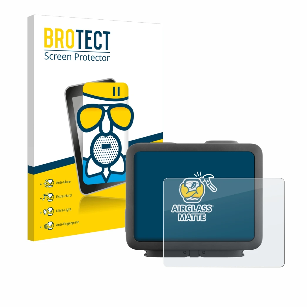 Front side of a product packaging with the brand logo BROTECT. Next to it is the device GoPro Hero 4k shown with the correspon