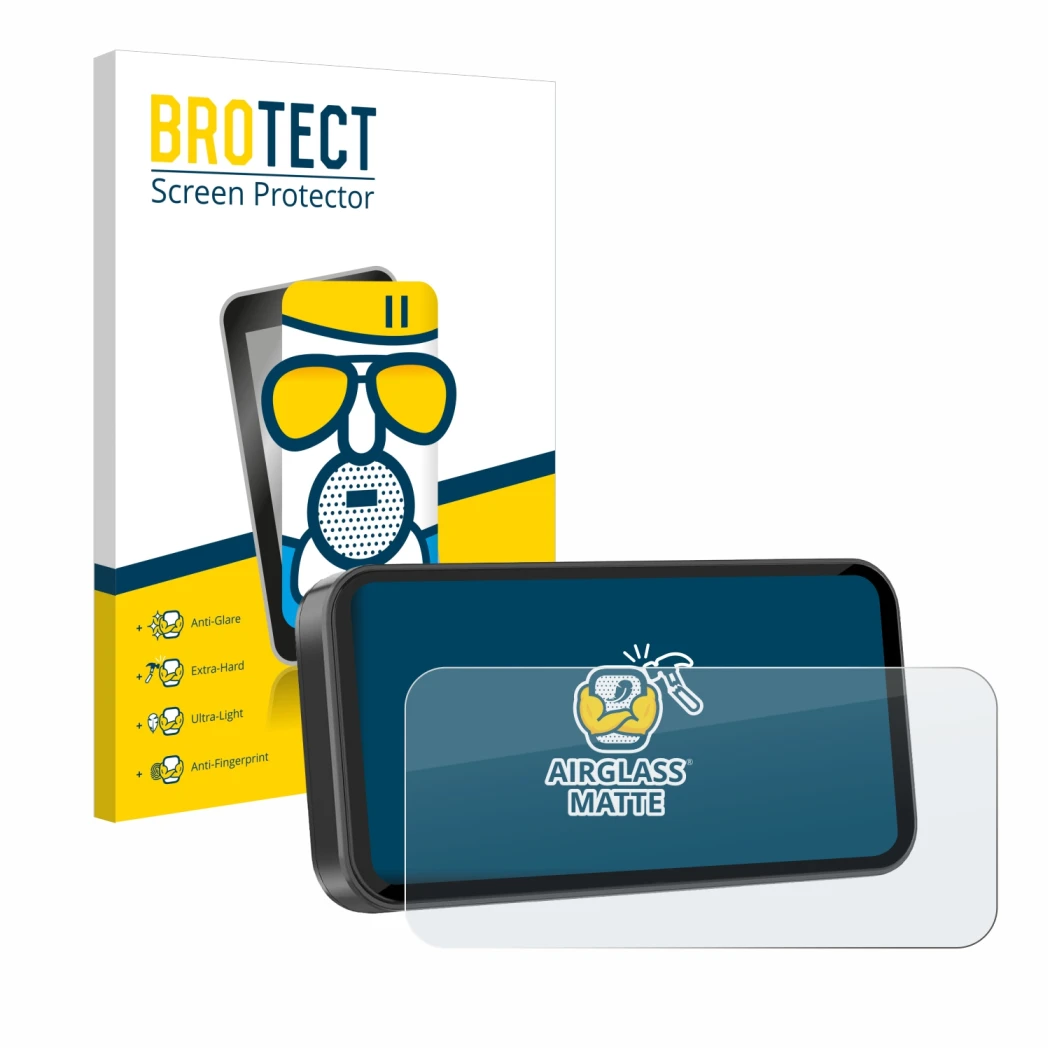 Front side of a product packaging with the brand logo BROTECT. Next to it is the device Carpuride W603D 6.3