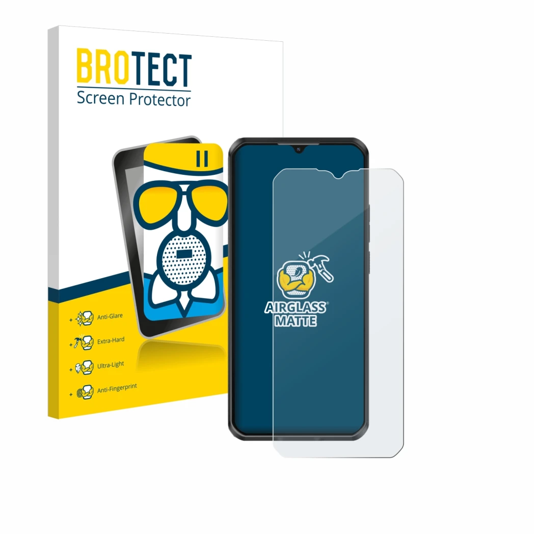 Front side of a product packaging with the brand logo BROTECT. Next to it is the device Oukitel WP50 shown with the correspond