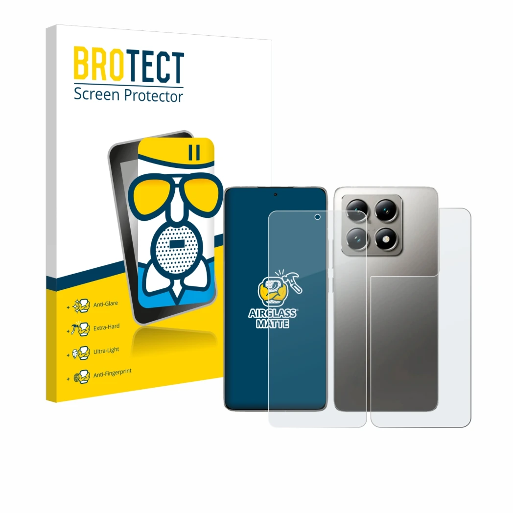 Front side of a product packaging with the brand logo BROTECT. Next to it is the device Xiaomi 14T Pro (Front+Back) shown with