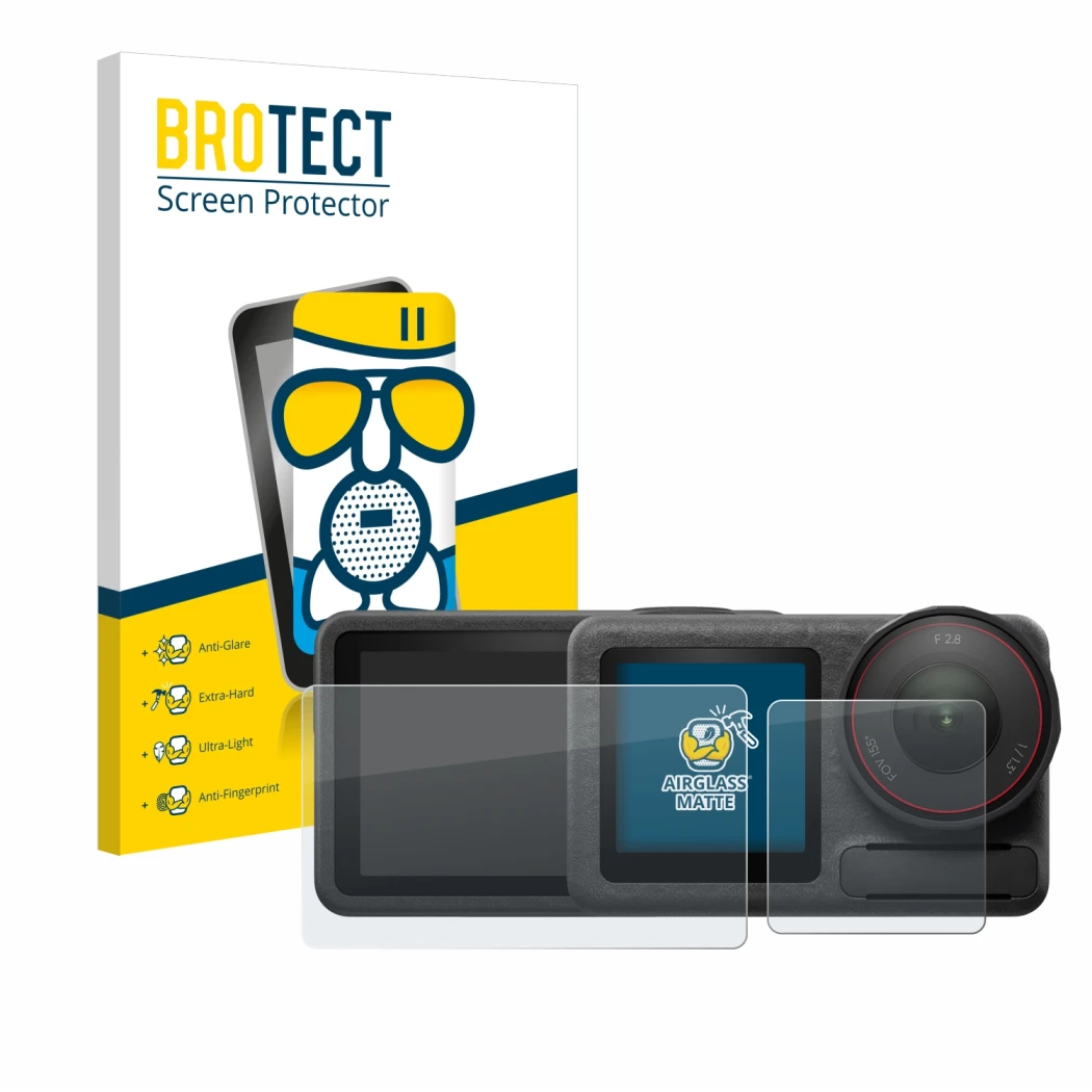 Front side of a product packaging with the brand logo BROTECT. Next to it is the device DJI Osmo Action 5 Pro shown with the c