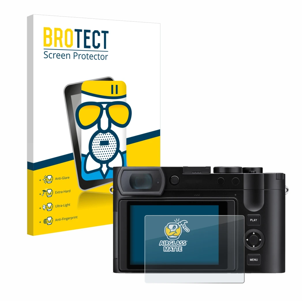 Front side of a product packaging with the brand logo BROTECT. Next to it is the device Leica Q3 43 shown with the correspondi