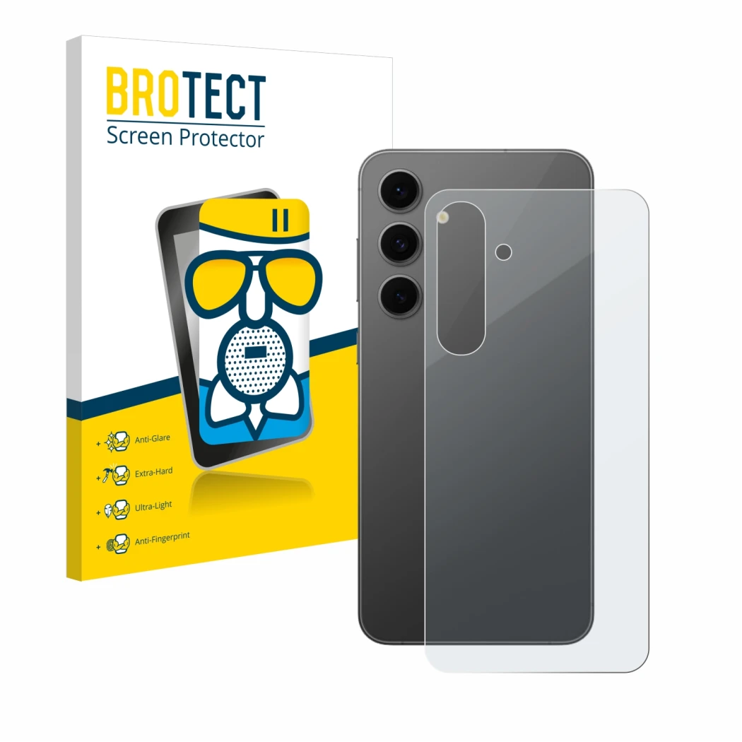 Front side of a product packaging with the brand logo BROTECT. Next to it is the device Samsung Galaxy S24 FE (Back) shown wit
