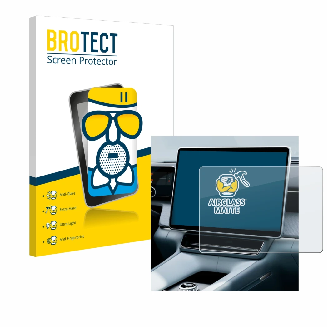 Front side of a product packaging with the brand logo BROTECT. Next to it is the device Polestar 4 2025 shown with the corresp