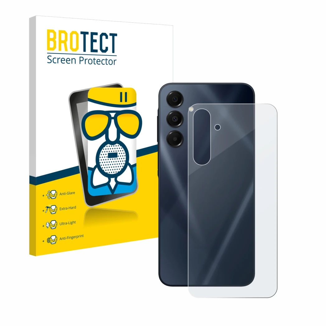 Front side of a product packaging with the brand logo BROTECT. Next to it is the device Samsung Galaxy A16 5G (Back) shown wit