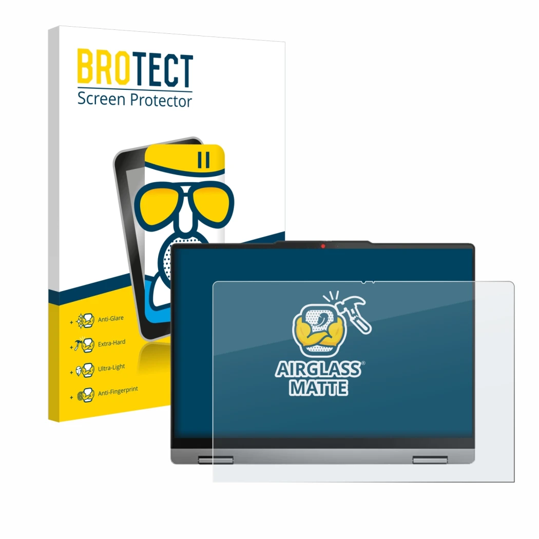 Front side of a product packaging with the brand logo BROTECT. Next to it is the device Lenovo IdeaPad 5x 2-in-1 Gen 9 14