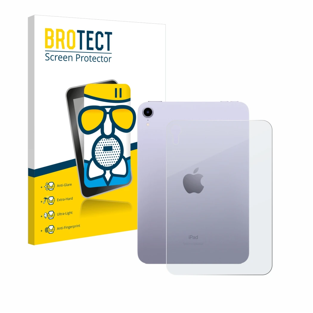 Front side of a product packaging with the brand logo BROTECT. Next to it is the device Apple iPad Mini 7 2024 (Back) shown wi