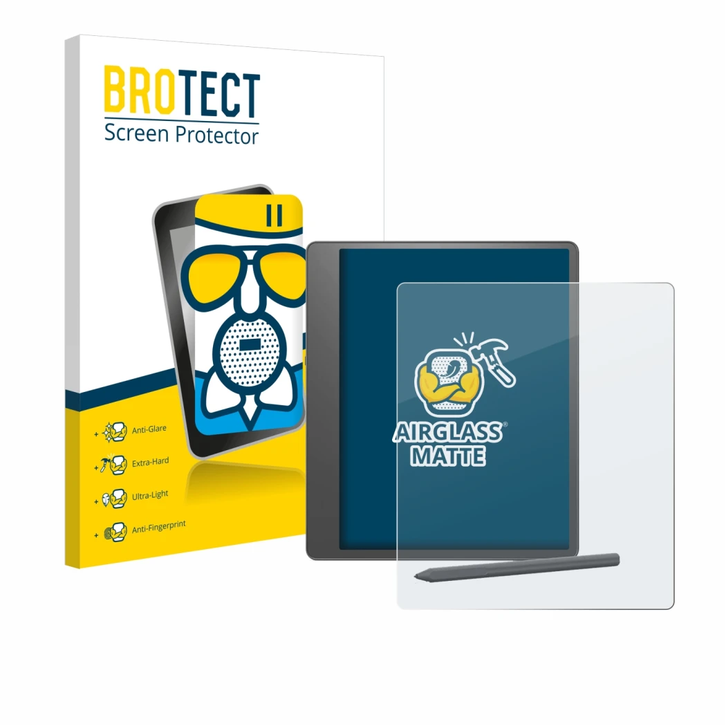 Front side of a product packaging with the brand logo BROTECT. Next to it is the device Amazon Kindle Scribe 2024 shown with t