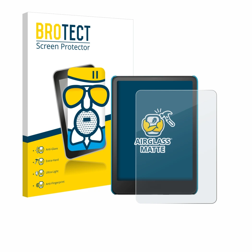 Front side of a product packaging with the brand logo BROTECT. Next to it is the device Amazon Kindle Paperwhite Kids 2024 sho