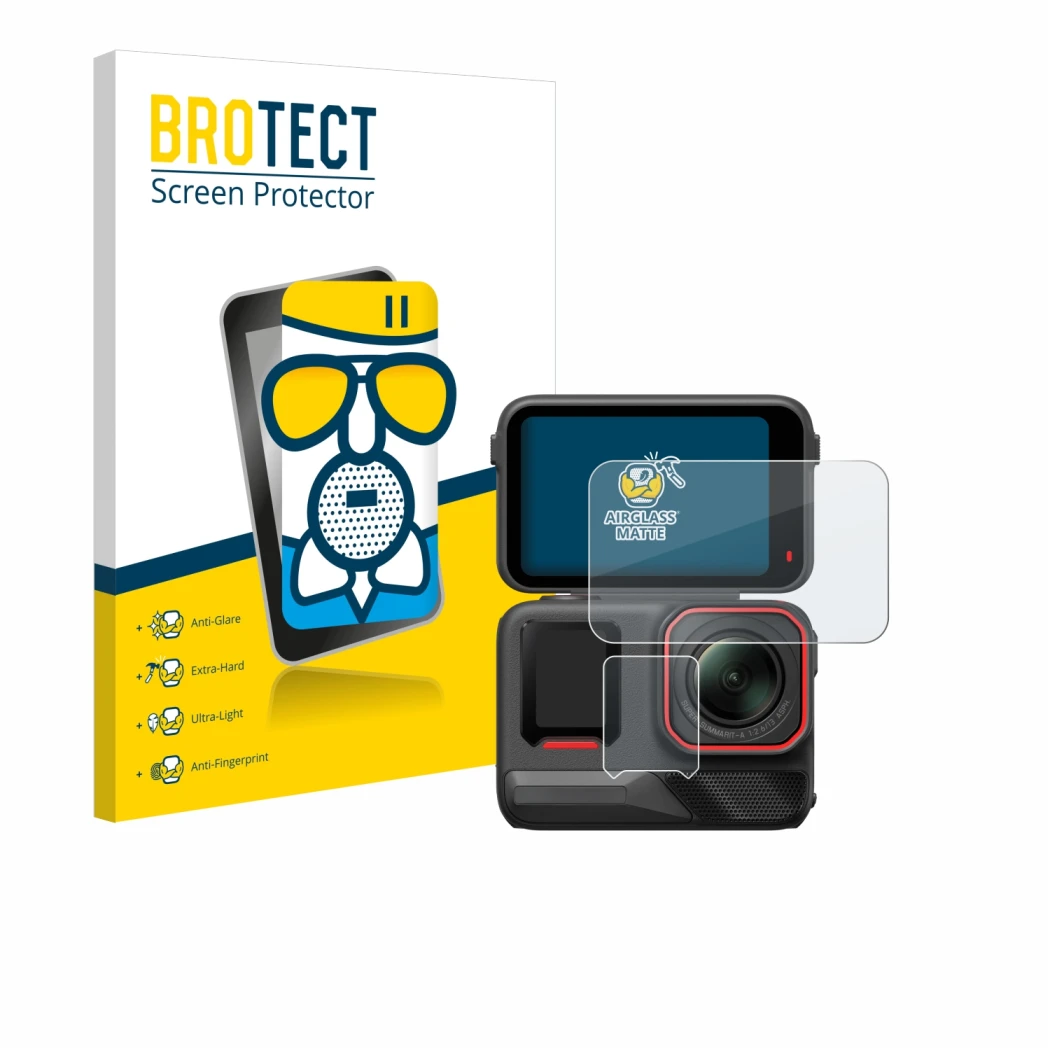Front side of a product packaging with the brand logo BROTECT. Next to it is the device Insta360 Ace Pro 2 shown with the corr