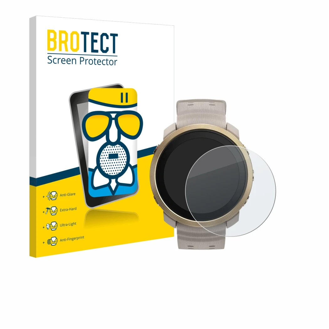 Front side of a product packaging with the brand logo BROTECT. Next to it is the device Polar Vantage M3 shown with the corres