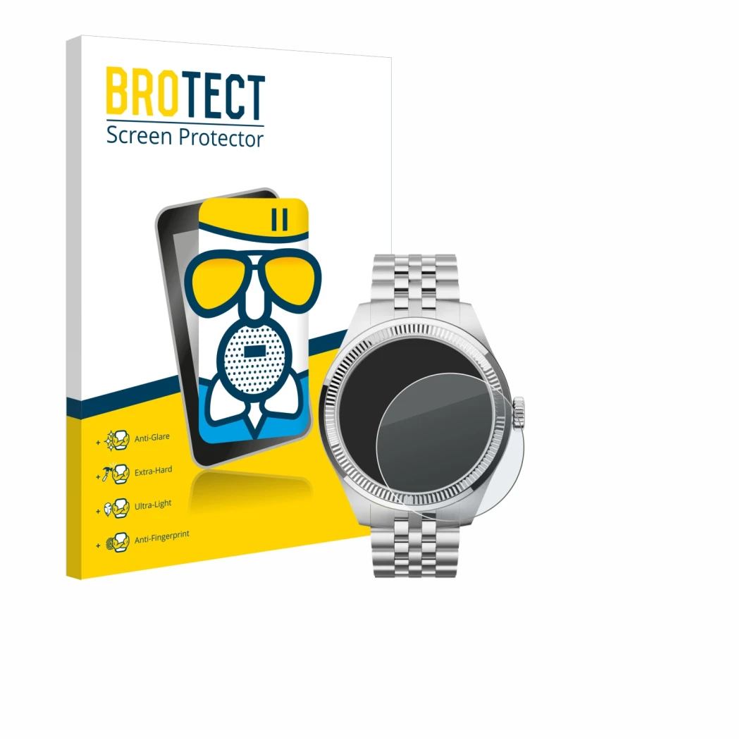 Front side of a product packaging with the brand logo BROTECT. Next to it is the device Withings ScanWatch Nova Brilliant (39 