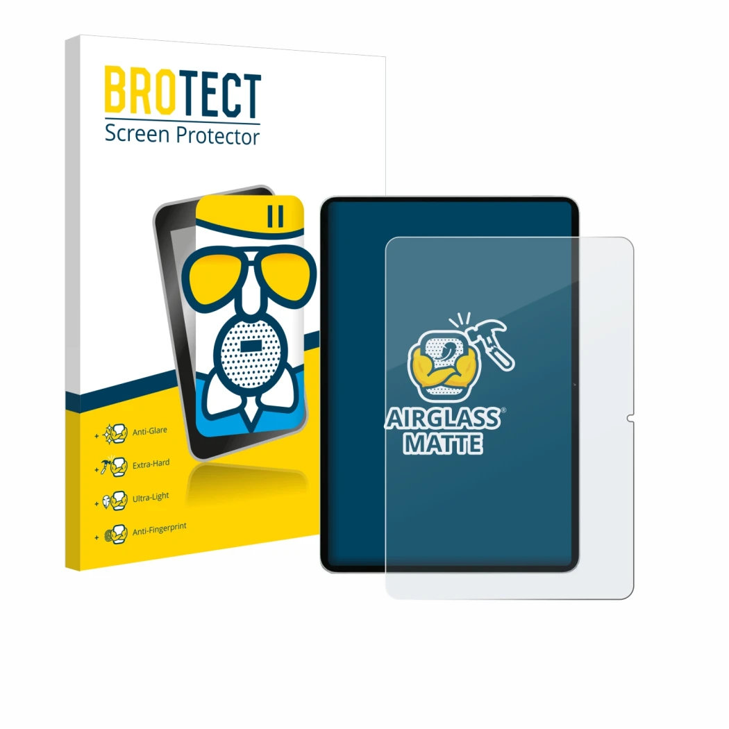 Front side of a product packaging with the brand logo BROTECT. Next to it is the device Xiaomi Pad 7 shown with the correspond