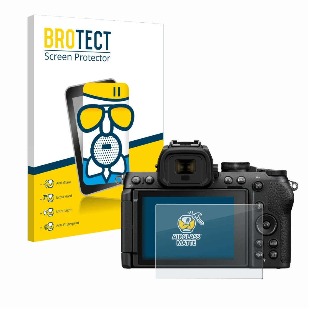 Front side of a product packaging with the brand logo BROTECT. Next to it is the device Nikon Z50 II shown with the correspond