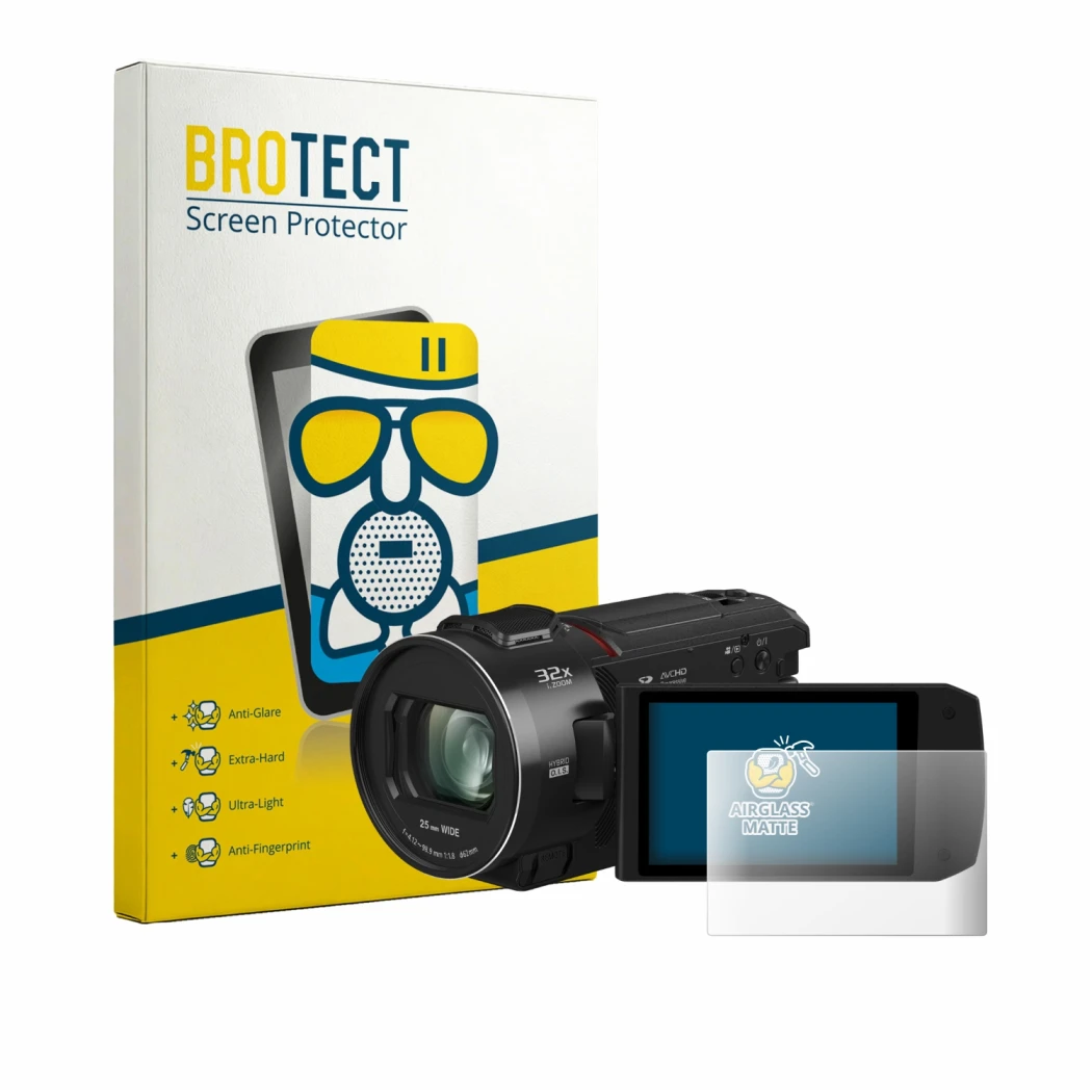 Front side of a product packaging with the brand logo BROTECT. Next to it is the device Panasonic HC-VX3 shown with the corres
