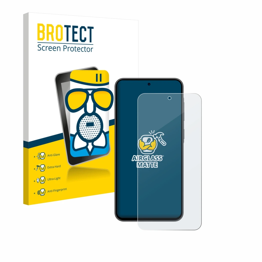 Front side of a product packaging with the brand logo BROTECT. Next to it is the device Samsung Galaxy A36 5G shown with the c