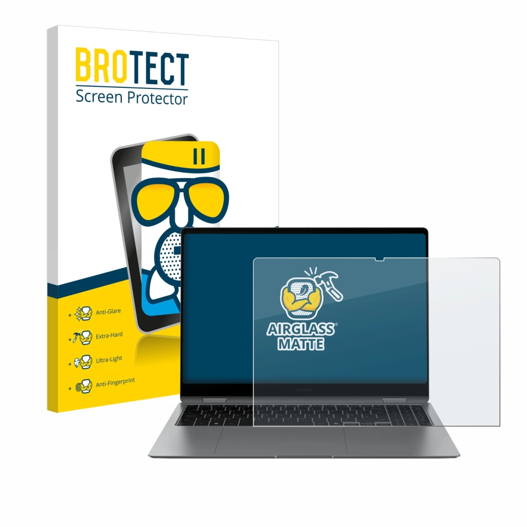 Front side of a product packaging with the brand logo BROTECT. Next to it is the device Samsung Galaxy Book5 Pro 360 16