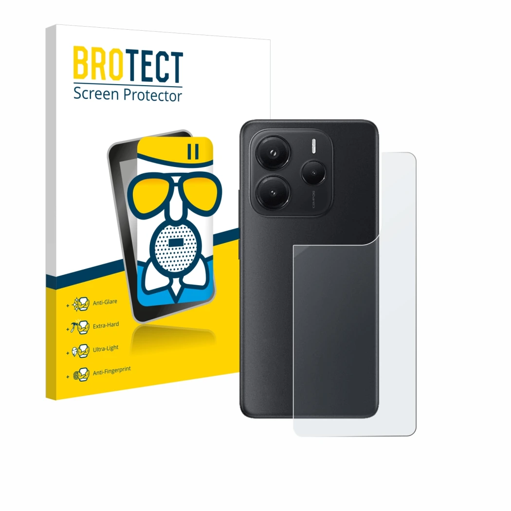 Front side of a product packaging with the brand logo BROTECT. Next to it is the device Xiaomi Redmi Note 14 (Back) shown with