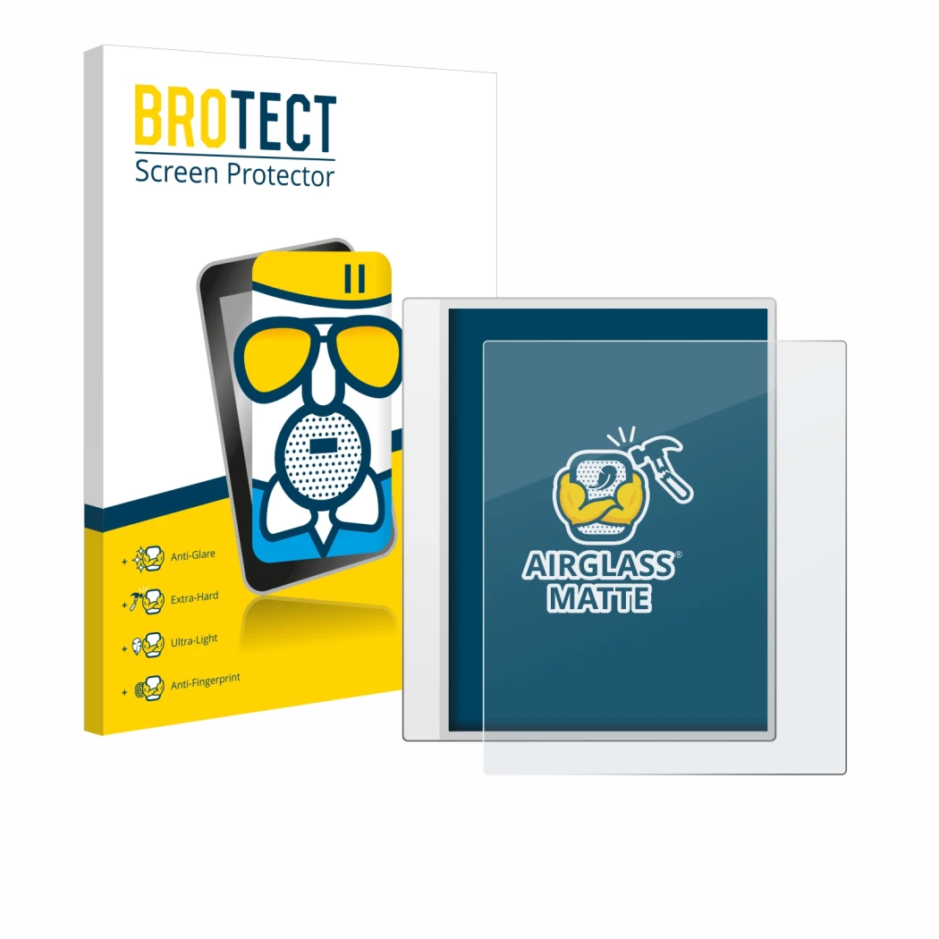 Front side of a product packaging with the brand logo BROTECT. Next to it is the device Boox Note Max shown with the correspon