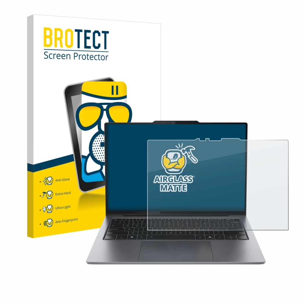 Front side of a product packaging with the brand logo BROTECT. Next to it is the device Lenovo ThinkPad X9 15 Aura Edition 15