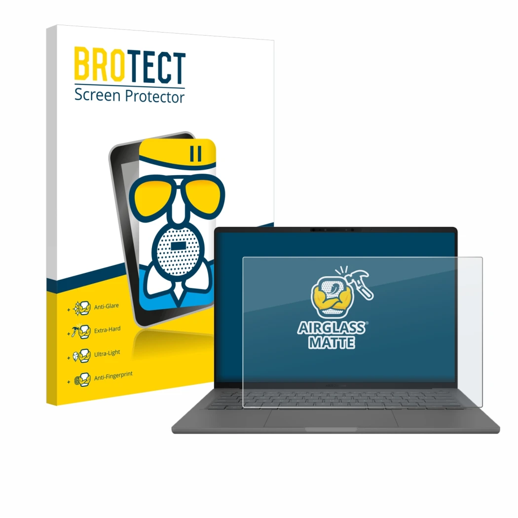 Front side of a product packaging with the brand logo BROTECT. Next to it is the device ASUS ZenBook A14 UX3407 shown with the