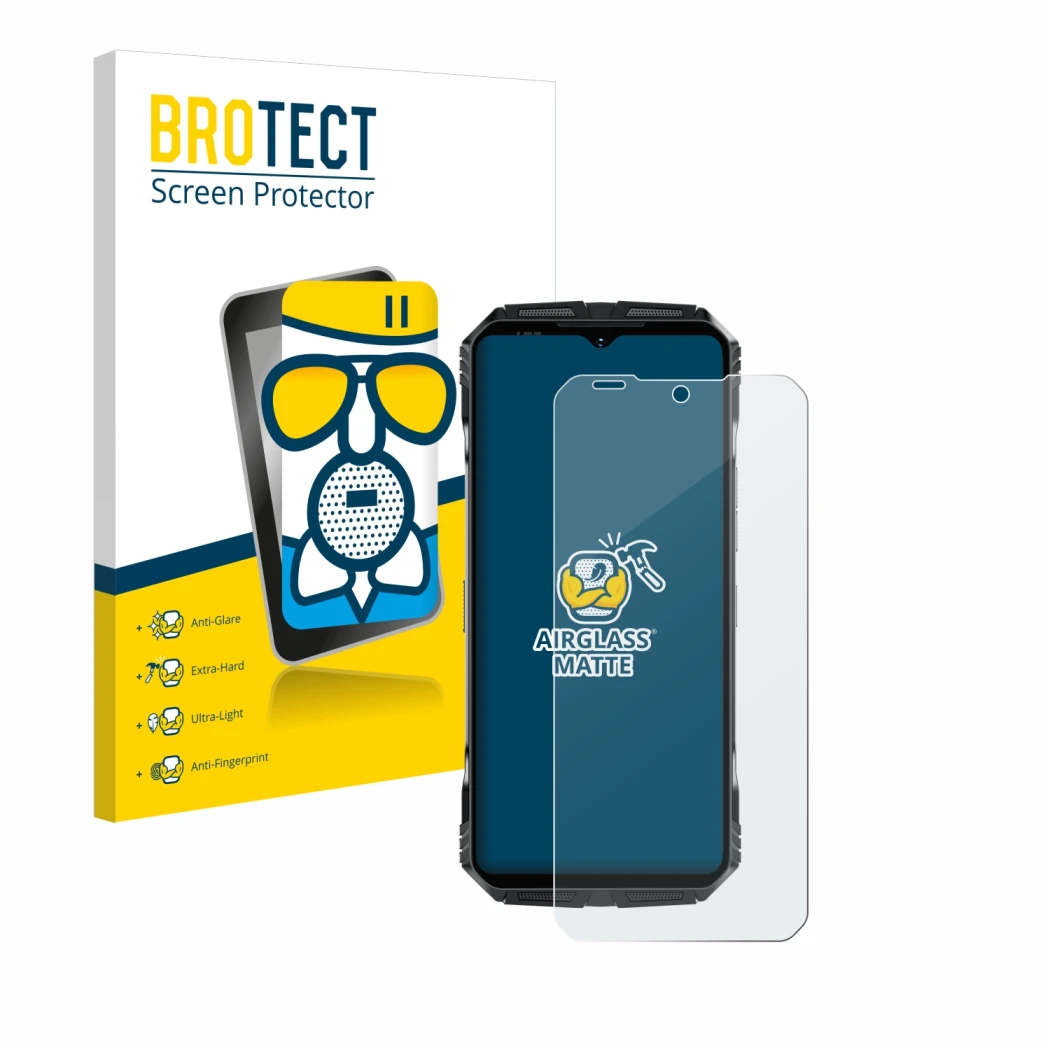 Front side of a product packaging with the brand logo BROTECT. Next to it is the device Doogee S118 Pro shown with the corresp