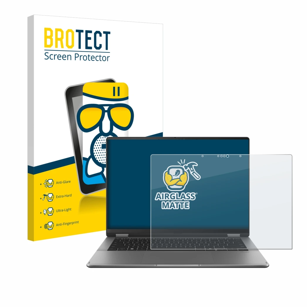 Front side of a product packaging with the brand logo BROTECT. Next to it is the device ASUS Vivobook 14 Flip TP3407 shown wit