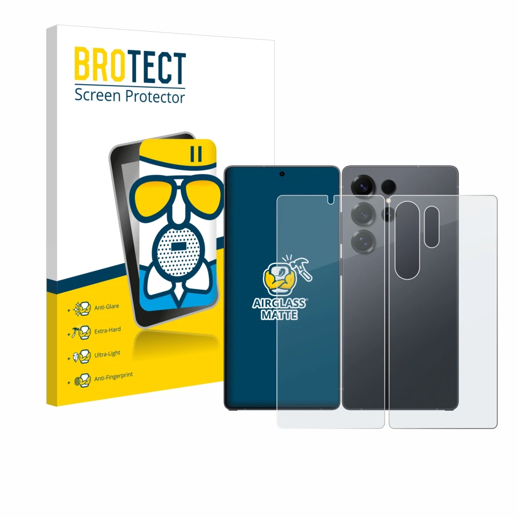 Front side of a product packaging with the brand logo BROTECT. Next to it is the device Samsung Galaxy S25 Ultra (Front+Back) 